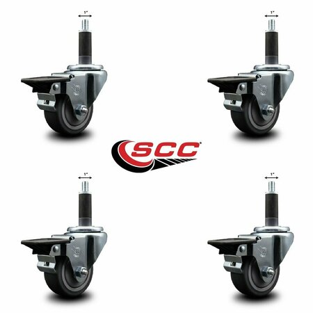 Service Caster 3'' Thermoplastic Rubber Swivel 1'' Expanding Stem Caster Set with Brake, 4PK SCC-EX20S314-TPRB-PLB-1-4